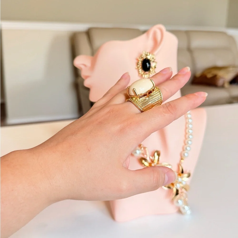 Gold-Tone Wide Band Ring with Cream Oval Cabochon